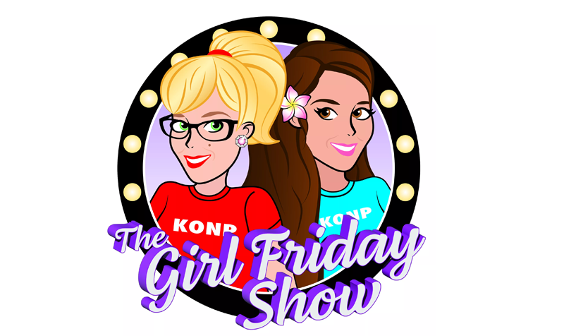 Cartoon logo for KONP's The Girl Friday Show featuring Amanda and Steph with the show's title in purple script