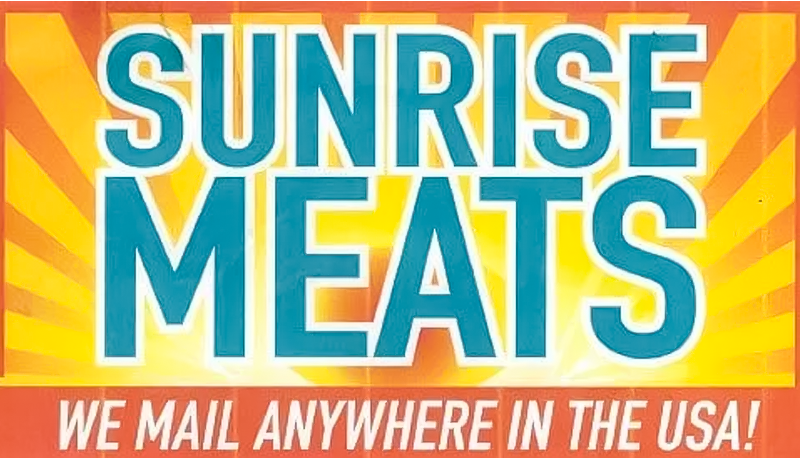 Sunrise Meats logo with a sunburst background and the text 'We mail anywhere in the USA!