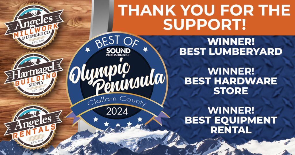 Best of Olympic Peninsula 2024 award banner featuring logos of Angeles Millwork & Lumber Co., Hartnagel Building Supply, and Angeles Rentals. Includes the text: 'Thank you for the support! Winner! Best Lumberyard, Best Hardware Store, Best Equipment Rental.' The award badge displays 'Best of Olympic Peninsula, Clallam County, 2024.